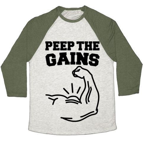 Virgin Teez  Baseball Tee Unisex Tri-Blend Baseball Tee / small / Oatmeal / Moss PEEP THE GAINS UNISEX TRI-BLEND BASEBALL TEE