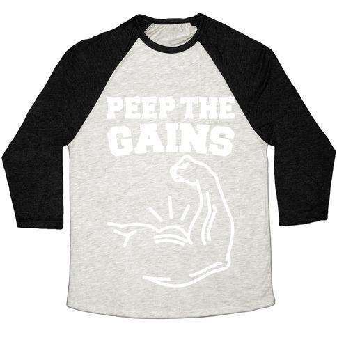 Virgin Teez  Baseball Tee Unisex Tri-Blend Baseball Tee / small / Oatmeal / Black PEEP THE GAINS WHITE PRINT UNISEX TRI-BLEND BASEBALL TEE