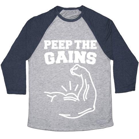 Virgin Teez  Baseball Tee Unisex Tri-Blend Baseball Tee / small / Athletic Gray / Navy PEEP THE GAINS WHITE PRINT UNISEX TRI-BLEND BASEBALL TEE