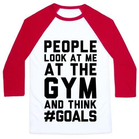 Virgin Teez  Baseball Tee Unisex Classic Baseball Tee / x-small / White/Red PEOPLE LOOK AT ME AT THE GYM AND THINK #GOALS UNISEX CLASSIC BASEBALL TEE
