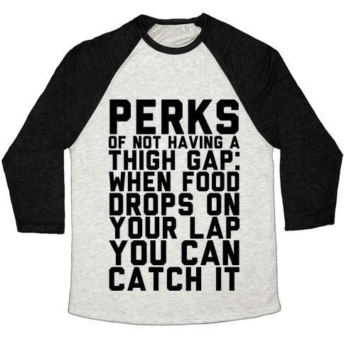 Virgin Teez  Baseball Tee Unisex Tri-Blend Baseball Tee / small / Oatmeal / Black PERKS OF NOT HAVING A THIGH GAP UNISEX TRI-BLEND BASEBALL TEE