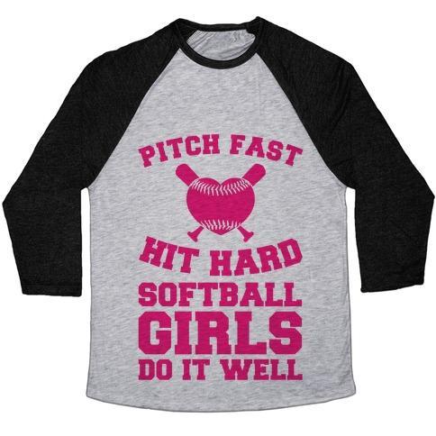 Virgin Teez  Baseball Tee Unisex Tri-Blend Baseball Tee / small / Athletic Gray / Black PITCH FAST HIT HARD, SOFTBALL GIRLS DO IT WELL UNISEX TRI-BLEND BASEBALL TEE