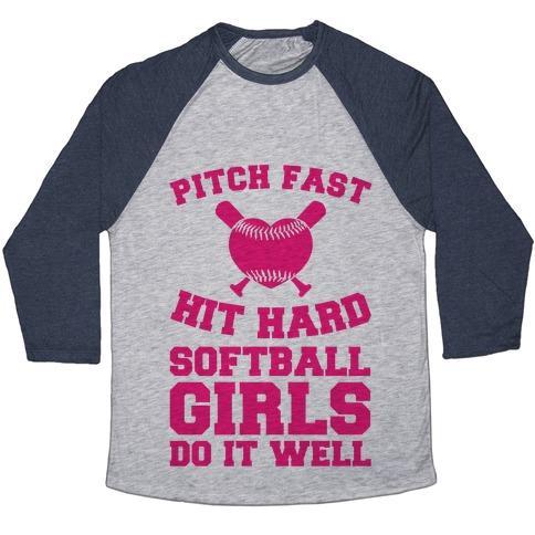 Virgin Teez  Baseball Tee Unisex Tri-Blend Baseball Tee / small / Athletic Gray / Navy PITCH FAST HIT HARD, SOFTBALL GIRLS DO IT WELL UNISEX TRI-BLEND BASEBALL TEE