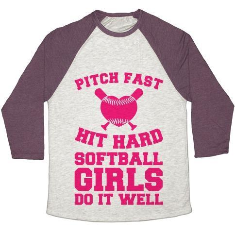 Virgin Teez  Baseball Tee Unisex Tri-Blend Baseball Tee / small / Oatmeal / Maroon PITCH FAST HIT HARD, SOFTBALL GIRLS DO IT WELL UNISEX TRI-BLEND BASEBALL TEE