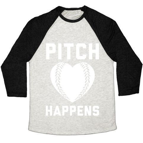 Virgin Teez  Baseball Tee Unisex Tri-Blend Baseball Tee / small / Oatmeal / Black PITCH HAPPENS UNISEX TRI-BLEND BASEBALL TEE
