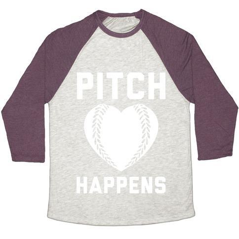 Virgin Teez  Baseball Tee Unisex Tri-Blend Baseball Tee / small / Oatmeal / Maroon PITCH HAPPENS UNISEX TRI-BLEND BASEBALL TEE