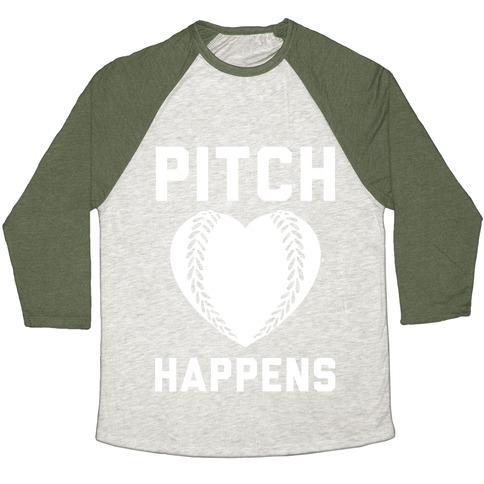 Virgin Teez  Baseball Tee Unisex Tri-Blend Baseball Tee / small / Oatmeal / Moss PITCH HAPPENS UNISEX TRI-BLEND BASEBALL TEE