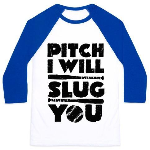 Virgin Teez  Baseball Tee Unisex Classic Baseball Tee / x-small / White/Blue PITCH I WILL SLUG YOU UNISEX CLASSIC BASEBALL TEE
