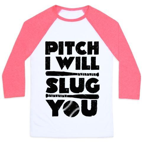 Virgin Teez  Baseball Tee Unisex Classic Baseball Tee / x-small / White/Neon Pink PITCH I WILL SLUG YOU UNISEX CLASSIC BASEBALL TEE