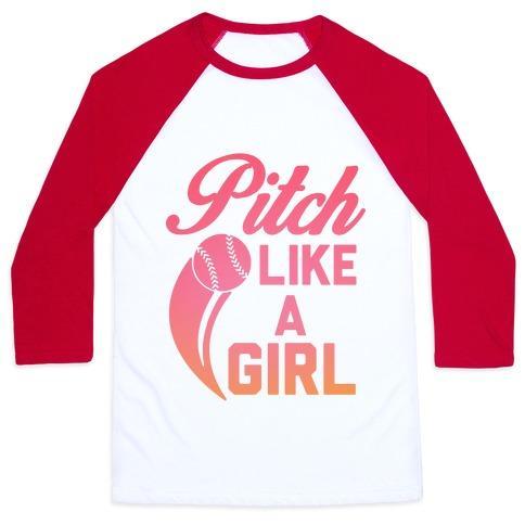 Virgin Teez  Baseball Tee Unisex Classic Baseball Tee / x-small / White/Red PITCH LIKE A GIRL UNISEX CLASSIC BASEBALL TEE