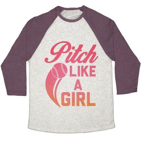 Virgin Teez  Baseball Tee Unisex Tri-Blend Baseball Tee / small / Oatmeal / Maroon PITCH LIKE A GIRL UNISEX TRI-BLEND BASEBALL TEE