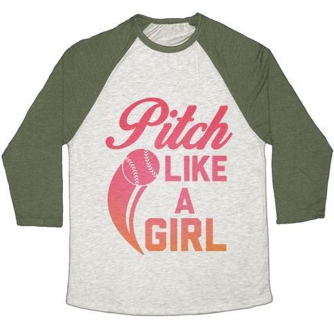 Virgin Teez  Baseball Tee Unisex Tri-Blend Baseball Tee / small / Oatmeal / Moss PITCH LIKE A GIRL UNISEX TRI-BLEND BASEBALL TEE