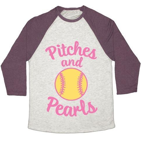 Virgin Teez  Baseball Tee Unisex Tri-Blend Baseball Tee / small / Oatmeal / Maroon PITCHES AND PEARLS UNISEX TRI-BLEND BASEBALL TEE