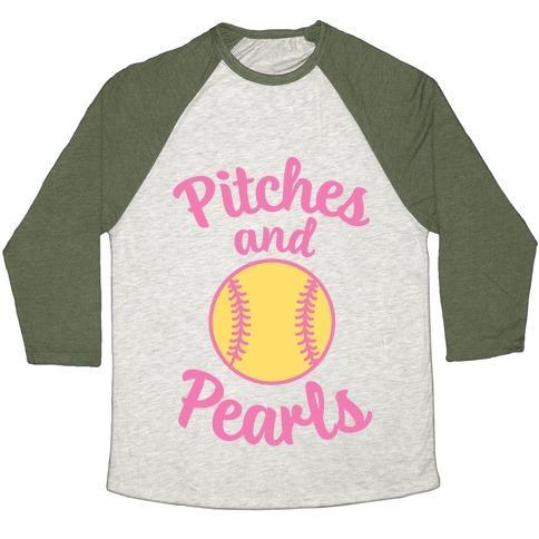 Virgin Teez  Baseball Tee Unisex Tri-Blend Baseball Tee / small / Oatmeal / Moss PITCHES AND PEARLS UNISEX TRI-BLEND BASEBALL TEE
