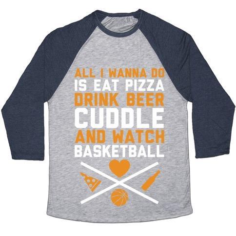 Virgin Teez  Baseball Tee Unisex Tri-Blend Baseball Tee / small / Athletic Gray / Navy PIZZA, BEER, CUDDLING, AND BASKETBALL UNISEX TRI-BLEND BASEBALL TEE