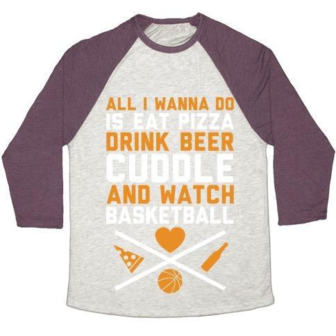 Virgin Teez  Baseball Tee Unisex Tri-Blend Baseball Tee / small / Oatmeal / Maroon PIZZA, BEER, CUDDLING, AND BASKETBALL UNISEX TRI-BLEND BASEBALL TEE