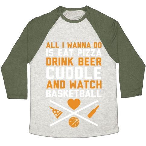 Virgin Teez  Baseball Tee Unisex Tri-Blend Baseball Tee / small / Oatmeal / Moss PIZZA, BEER, CUDDLING, AND BASKETBALL UNISEX TRI-BLEND BASEBALL TEE