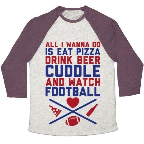 Virgin Teez  Baseball Tee Unisex Tri-Blend Baseball Tee / small / Oatmeal / Maroon PIZZA, BEER, CUDDLING, AND FOOTBALL UNISEX TRI-BLEND BASEBALL TEE