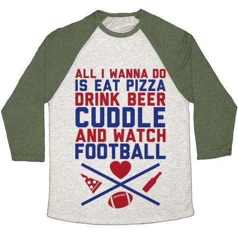 Virgin Teez  Baseball Tee Unisex Tri-Blend Baseball Tee / small / Oatmeal / Moss PIZZA, BEER, CUDDLING, AND FOOTBALL UNISEX TRI-BLEND BASEBALL TEE