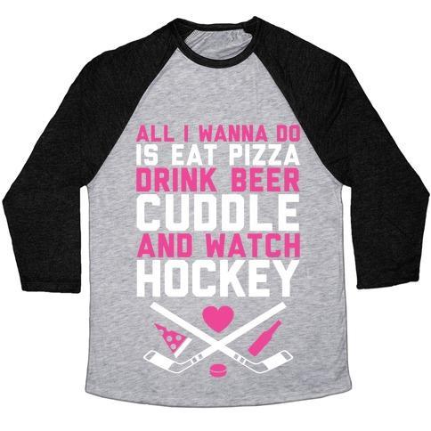 Virgin Teez  Baseball Tee Unisex Tri-Blend Baseball Tee / small / Athletic Gray / Black PIZZA, BEER, CUDDLING, AND HOCKEY UNISEX TRI-BLEND BASEBALL TEE