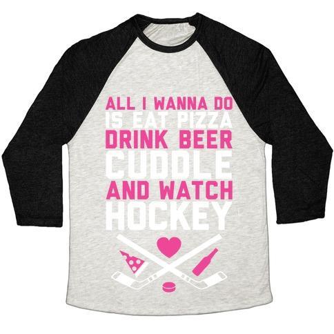 Virgin Teez  Baseball Tee Unisex Tri-Blend Baseball Tee / small / Oatmeal / Black PIZZA, BEER, CUDDLING, AND HOCKEY UNISEX TRI-BLEND BASEBALL TEE