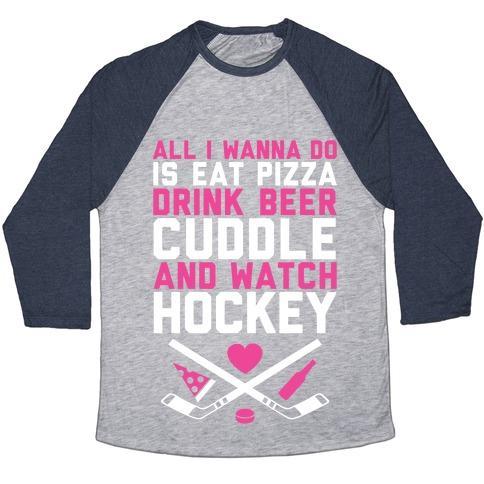 Virgin Teez  Baseball Tee Unisex Tri-Blend Baseball Tee / small / Athletic Gray / Navy PIZZA, BEER, CUDDLING, AND HOCKEY UNISEX TRI-BLEND BASEBALL TEE