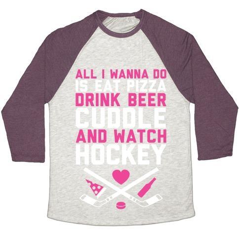 Virgin Teez  Baseball Tee Unisex Tri-Blend Baseball Tee / small / Oatmeal / Maroon PIZZA, BEER, CUDDLING, AND HOCKEY UNISEX TRI-BLEND BASEBALL TEE