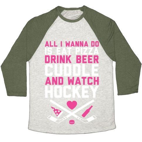 Virgin Teez  Baseball Tee Unisex Tri-Blend Baseball Tee / small / Oatmeal / Moss PIZZA, BEER, CUDDLING, AND HOCKEY UNISEX TRI-BLEND BASEBALL TEE