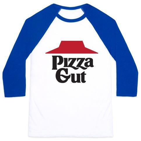 Virgin Teez  Baseball Tee Unisex Classic Baseball Tee / x-small / White/Blue PIZZA GUT UNISEX CLASSIC BASEBALL TEE