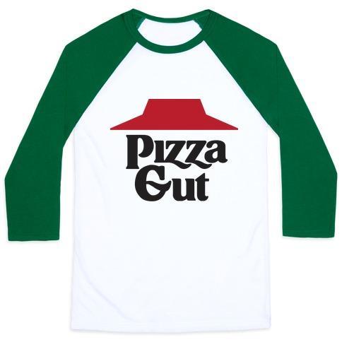 Virgin Teez  Baseball Tee Unisex Classic Baseball Tee / x-small / White/Dark Green PIZZA GUT UNISEX CLASSIC BASEBALL TEE