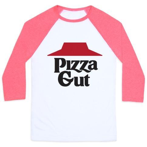 Virgin Teez  Baseball Tee Unisex Classic Baseball Tee / x-small / White/Neon Pink PIZZA GUT UNISEX CLASSIC BASEBALL TEE