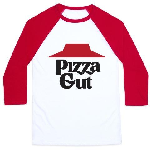 Virgin Teez  Baseball Tee Unisex Classic Baseball Tee / x-small / White/Red PIZZA GUT UNISEX CLASSIC BASEBALL TEE