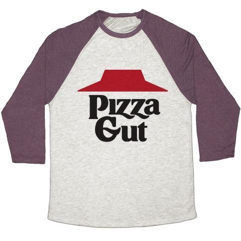 Virgin Teez  Baseball Tee Unisex Tri-Blend Baseball Tee / small / Oatmeal / Maroon PIZZA GUT UNISEX TRI-BLEND BASEBALL TEE