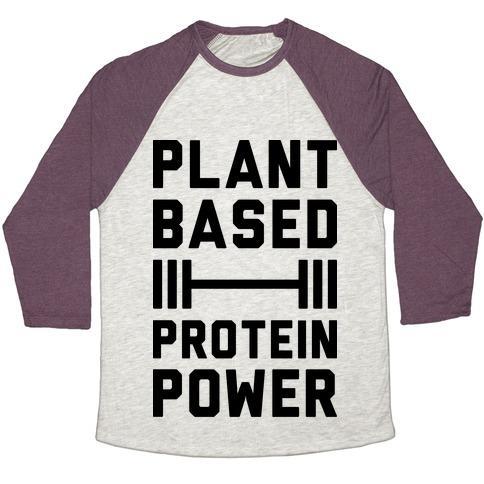 Virgin Teez  Baseball Tee Unisex Tri-Blend Baseball Tee / small / Oatmeal / Maroon PLANT BASED PROTEIN POWER UNISEX TRI-BLEND BASEBALL TEE