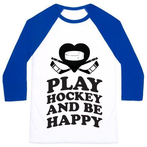 Virgin Teez  Baseball Tee Unisex Classic Baseball Tee / x-small / White/Blue PLAY HOCKEY AND BE HAPPY UNISEX CLASSIC BASEBALL TEE