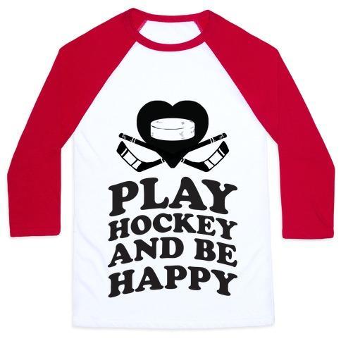 Virgin Teez  Baseball Tee Unisex Classic Baseball Tee / x-small / White/Red PLAY HOCKEY AND BE HAPPY UNISEX CLASSIC BASEBALL TEE