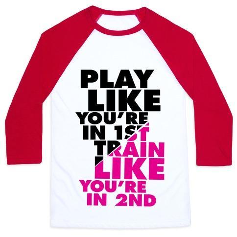 Virgin Teez  Baseball Tee Unisex Classic Baseball Tee / x-small / White/Red PLAY LIKE YOU'RE IN 1ST, TRAIN LIKE YOU'RE IN 2ND UNISEX CLASSIC BASEBALL TEE