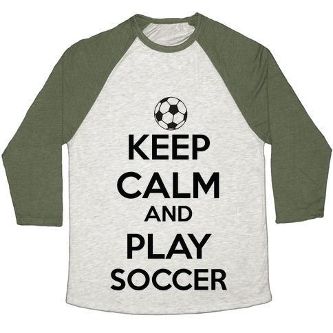 Virgin Teez  Baseball Tee Unisex Tri-Blend Baseball Tee / small / Oatmeal / Moss PLAY SOCCER UNISEX TRI-BLEND BASEBALL TEE