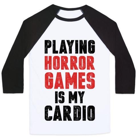 Virgin Teez  Baseball Tee Unisex Classic Baseball Tee / x-small / White/Black PLAYING HORROR GAMES IS MY CARDIO UNISEX CLASSIC BASEBALL TEE