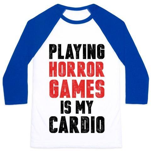 Virgin Teez  Baseball Tee Unisex Classic Baseball Tee / x-small / White/Blue PLAYING HORROR GAMES IS MY CARDIO UNISEX CLASSIC BASEBALL TEE