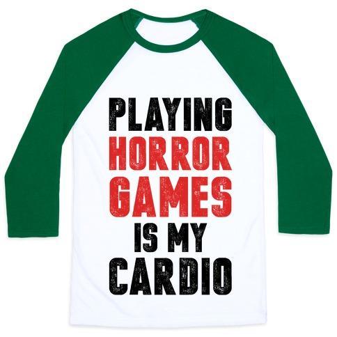 Virgin Teez  Baseball Tee Unisex Classic Baseball Tee / x-small / White/Dark Green PLAYING HORROR GAMES IS MY CARDIO UNISEX CLASSIC BASEBALL TEE