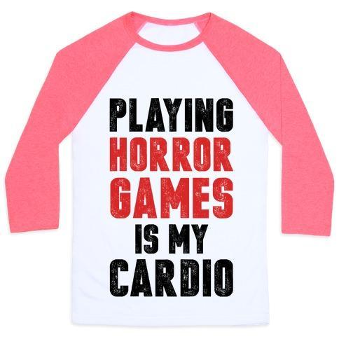 Virgin Teez  Baseball Tee Unisex Classic Baseball Tee / x-small / White/Neon Pink PLAYING HORROR GAMES IS MY CARDIO UNISEX CLASSIC BASEBALL TEE
