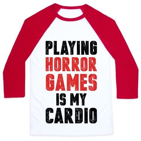 Virgin Teez  Baseball Tee Unisex Classic Baseball Tee / x-small / White/Red PLAYING HORROR GAMES IS MY CARDIO UNISEX CLASSIC BASEBALL TEE