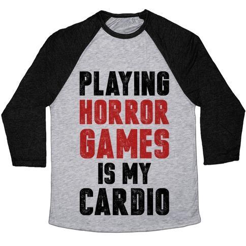 Virgin Teez  Baseball Tee Unisex Tri-Blend Baseball Tee / small / Athletic Gray / Black PLAYING HORROR GAMES IS MY CARDIO UNISEX TRI-BLEND BASEBALL TEE