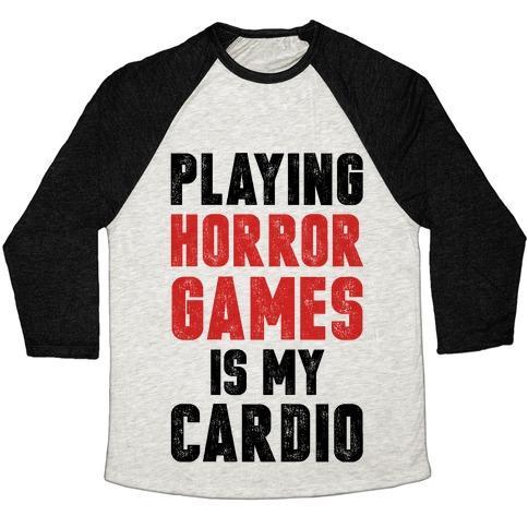 Virgin Teez  Baseball Tee Unisex Tri-Blend Baseball Tee / small / Oatmeal / Black PLAYING HORROR GAMES IS MY CARDIO UNISEX TRI-BLEND BASEBALL TEE