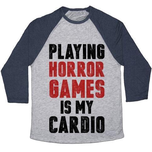Virgin Teez  Baseball Tee Unisex Tri-Blend Baseball Tee / small / Athletic Gray / Navy PLAYING HORROR GAMES IS MY CARDIO UNISEX TRI-BLEND BASEBALL TEE