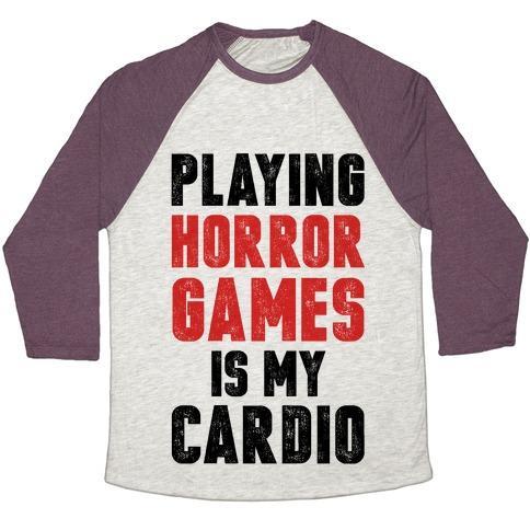 Virgin Teez  Baseball Tee Unisex Tri-Blend Baseball Tee / small / Oatmeal / Maroon PLAYING HORROR GAMES IS MY CARDIO UNISEX TRI-BLEND BASEBALL TEE