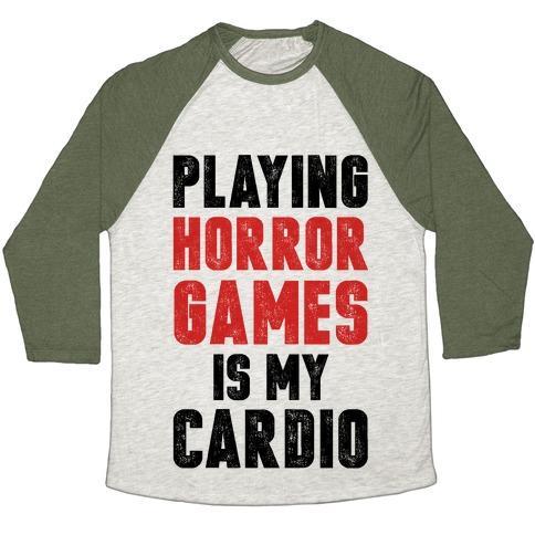 Virgin Teez  Baseball Tee Unisex Tri-Blend Baseball Tee / small / Oatmeal / Moss PLAYING HORROR GAMES IS MY CARDIO UNISEX TRI-BLEND BASEBALL TEE