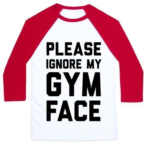 Virgin Teez  Baseball Tee Unisex Classic Baseball Tee / x-small / White/Red PLEASE IGNORE MY GYM FACE UNISEX CLASSIC BASEBALL TEE