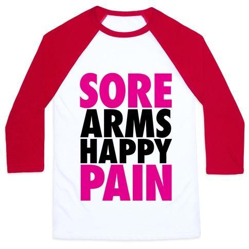 Virgin Teez  Baseball Tee Unisex Classic Baseball Tee / x-small / White/Red SORE ARMS, HAPPY PAIN UNISEX CLASSIC BASEBALL TEE
